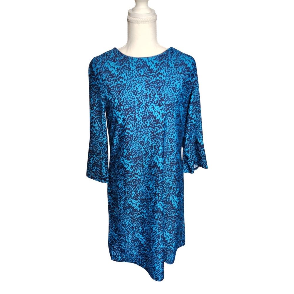 Jude Connally Blue Abstract Animal‎ Print 3/4 Bell Sleeve Shift Dress Small